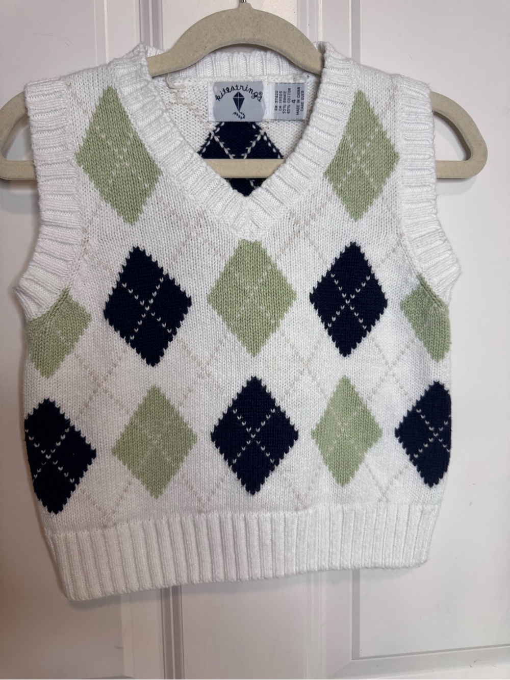 Vintage Kitestrings Argyle Knit Sweater Vest - White, Navy & Sage 100% cotton